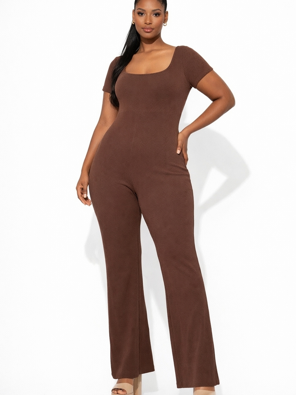 Boutique Brown Ribbed Jumpsuit XL Short Sleeve Stretch Wide Leg.